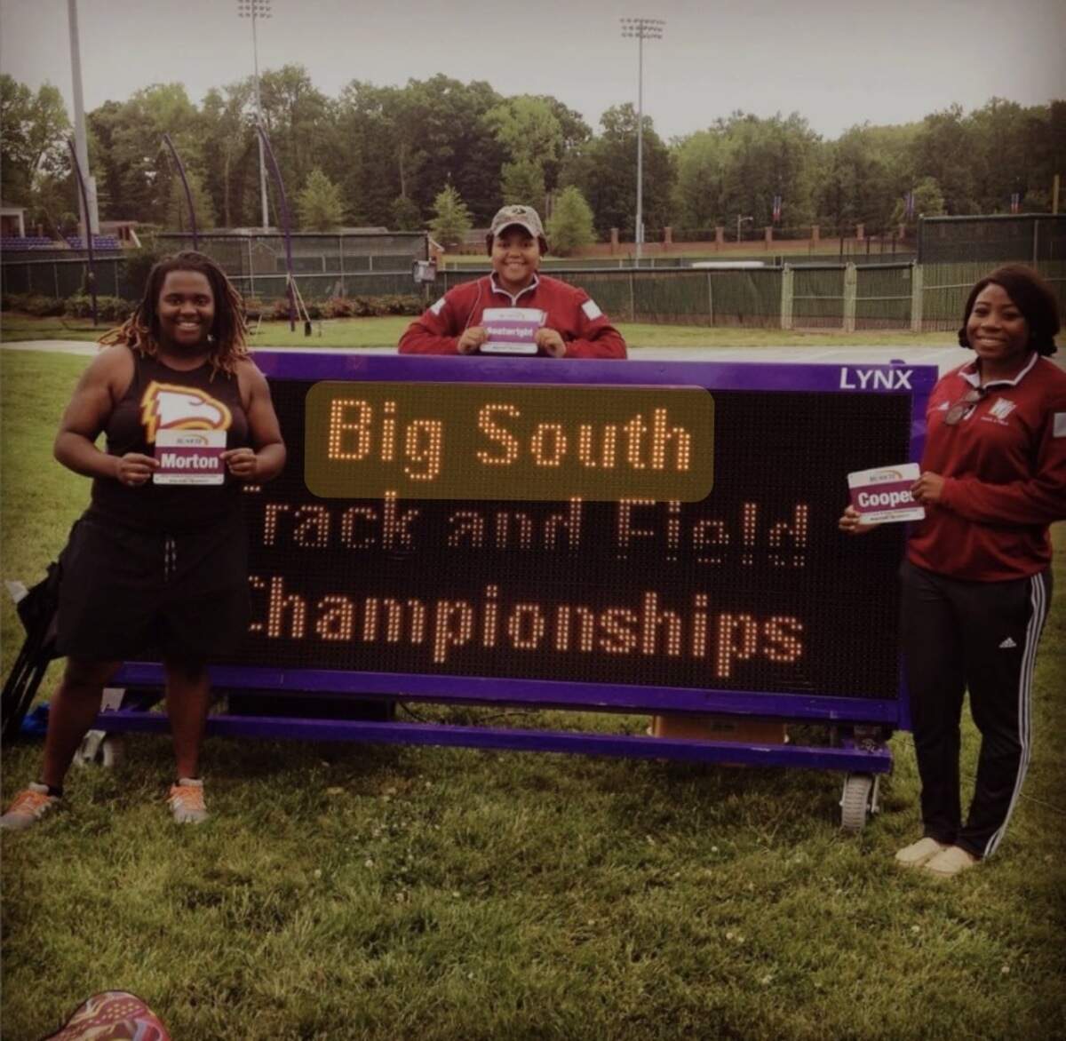 Mashario Morton (left) was a thrower on Winthrop University’s track and field team from 2013 to 2016.