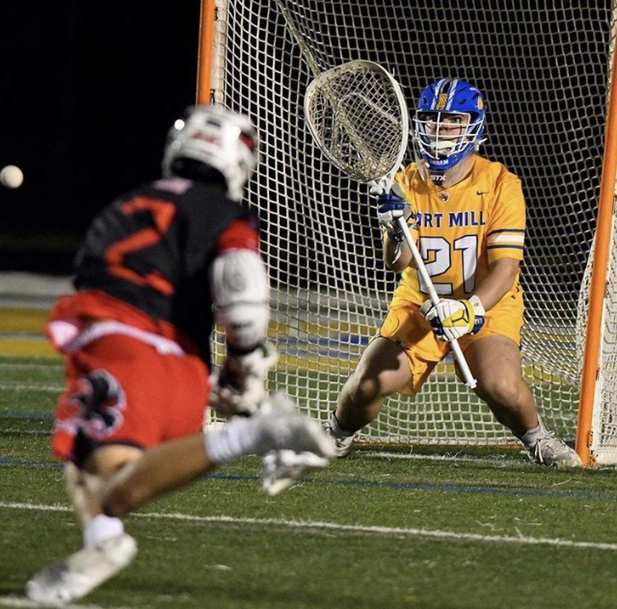 Ty Keaton (left) attacks the goal in Nation Ford’s recent upset over rival Fort Mill.