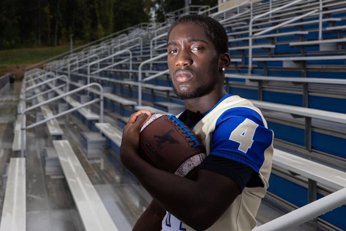 INDIAN LAKE, SC - SEPTEMBER 18: Indian Land High School running back Jamal Horton poses for a portrait at the football stadium in Indian Lake, SC on September 18, 2024.