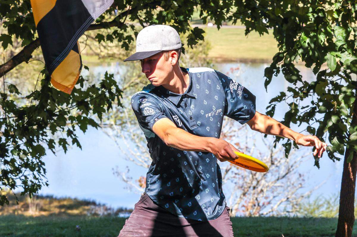 Gannon Buhr from Urbandale, Iowa, tees off on hole No. 1 during round two of the United States Disc Golf Championship held on the campus of Winthrop University on Oct. 7, 2022. Buhr, 17, shot 33-under-par over four rounds to win the 24th USDGC. Buhr is the youngest competitor to win the event. His score was one stroke better than Niklas Anttila from Finland, and four strokes better than Calvin Heimburg from Safety Harbor, Florida.