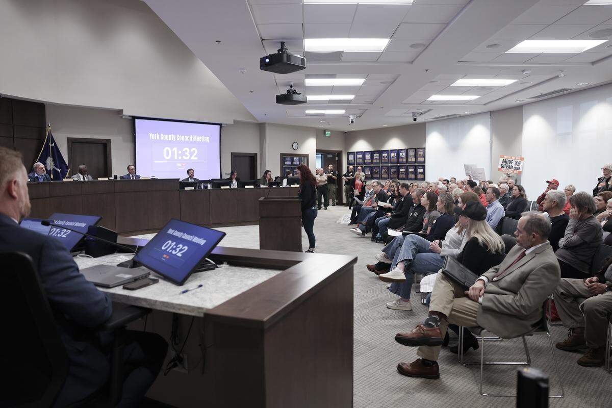 A speaker addresses the York County Council at its meeting Monday, March 16. The speaker was among dozens of Fort Mill residents who want the council to revoke Silfab Solar's certificate of occupancy after two chemical incidents there in early March forced an elementary school to close for two days.