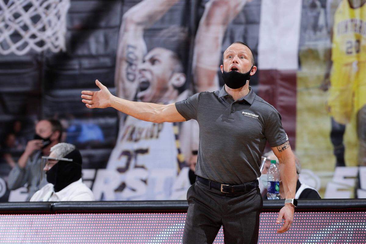 Coach Pat Kelsey gives instruction in second half play as Winthrop takes on Longwood in Big South conference men’s basketball at Winthrop Coliseum on Thursday, January 14, 2021 in Rock Hill, South Carolina.