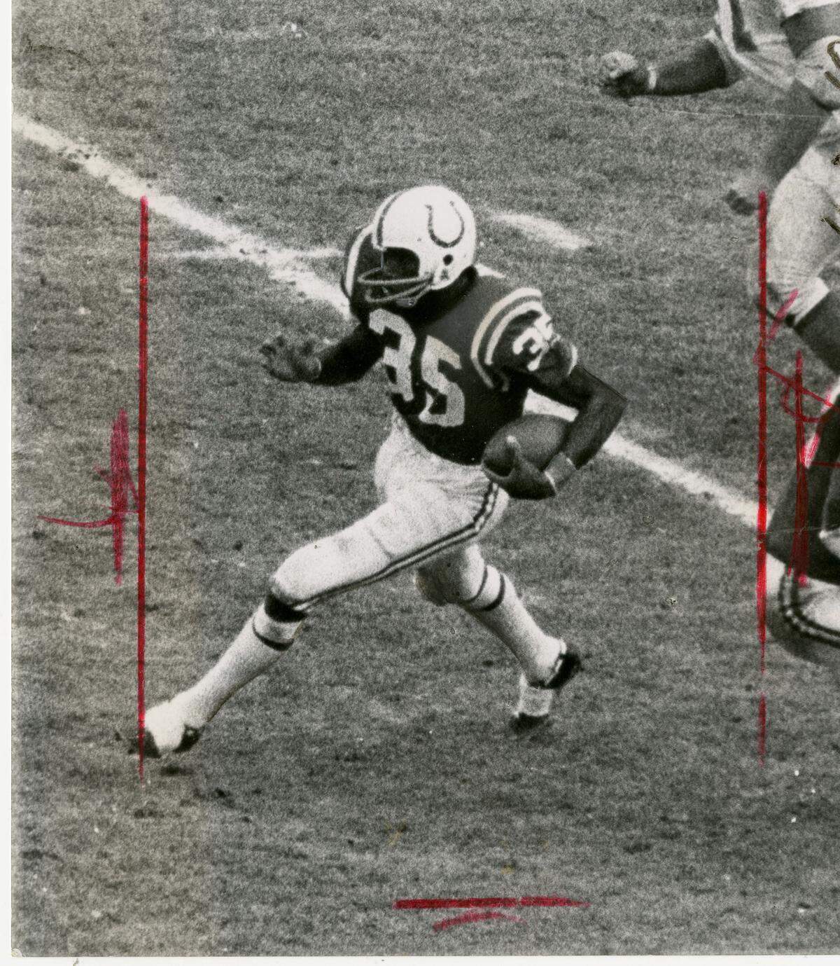 The camera captured Jim Duncan on his 99-yard kickoff return touchdown against the Dolphins in 1970.