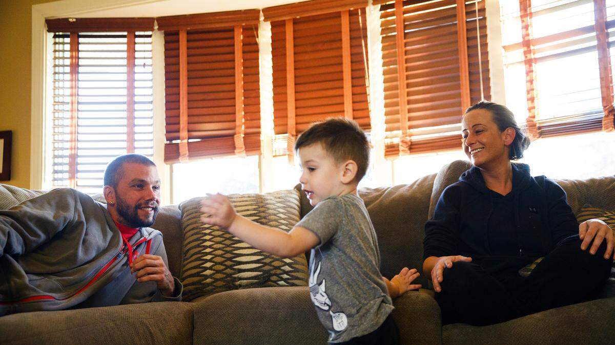 David Kulakowski, 38, and Jessica Kulakowski, 31, watch their son Chase Kulakowski, 3, play after treatment for the rare polio-like condition known as acute flaccid myelitis, or AFM.