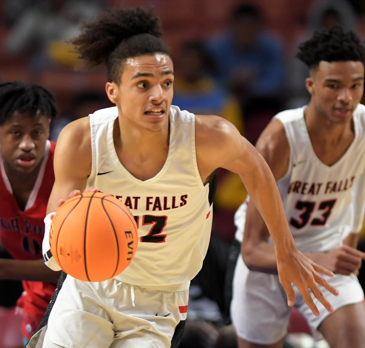 Great Falls’ Kelton Talford (22) pushes the break. Great Falls played High Point for the Upper State Championship at Bon Secours Wellness Arena in Greenville Friday, February 28, 2020.