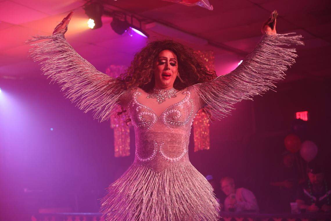 Drag queen Victoria Lefaris performs at a show at The Hideaway bar in Rock Hill, S.C. on New Year's Eve.