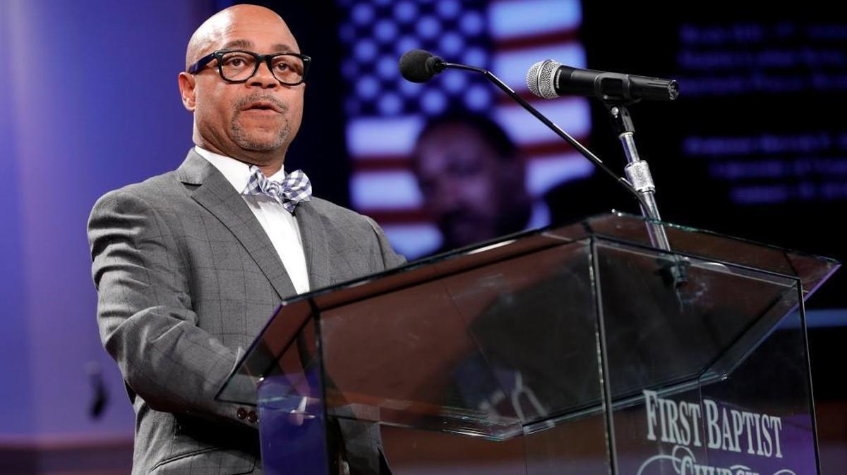Dr. Derrick Alridge gives the keynote address at the 15th Annual Martin Luther King Jr. Interfaith Prayer Breakfast Monday at First Baptist Church in Rock Hill.
