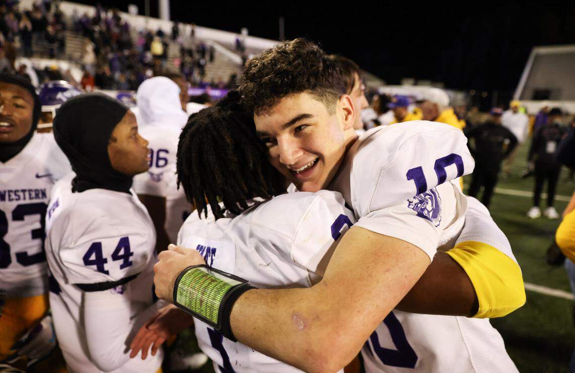 Finley Polk (10) of Northwestern celebrates with teammates following their win over Irmo in the Class 5A-D2 football state championship game at Oliver Dawson Stadium in Orangeburg on Saturday, December 14, 2024.