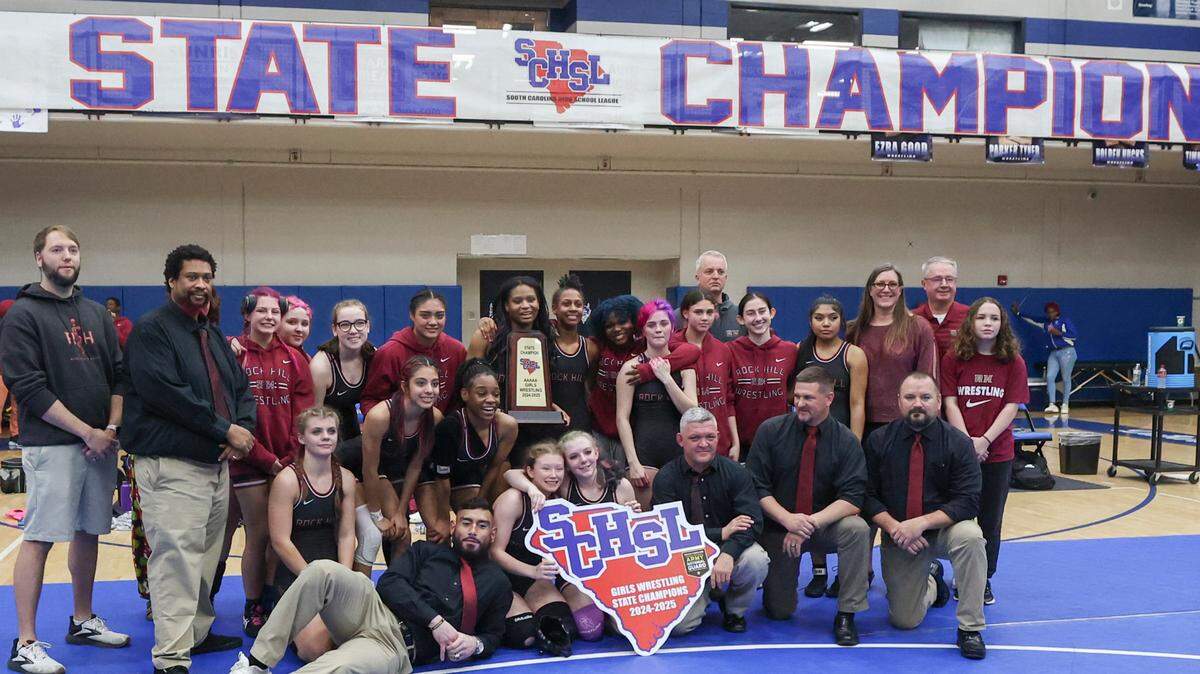 Rock Hill girls wrestling team wins the Class 5A state championships at Dreher High School on Saturday, Feb. 8 2025.