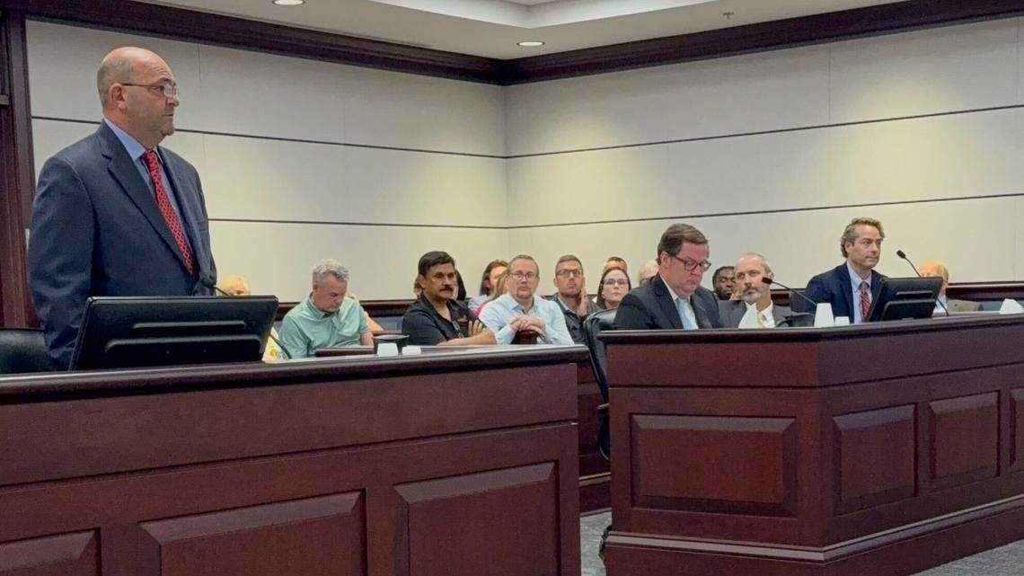 Cameron Halford, at left, argues in court for nearby property owner Walter Buchanan in a matter involving Silfab Solar, which is building a manufacturing plant in Fort Mill.