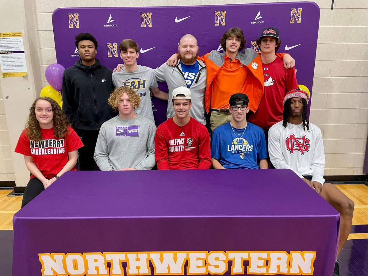 Northwestern’s 2022 Winter Signing Day class. Back row from left to right: Jecari Bryson, Christian Smrekar, Parker Prevette, Ethan Darden, Will Mattison. Front row from left to right: Kaitlyn Feller, Isaac McClellan, Kanoah Vinesett, Karl Skroban, Tay McCroey.