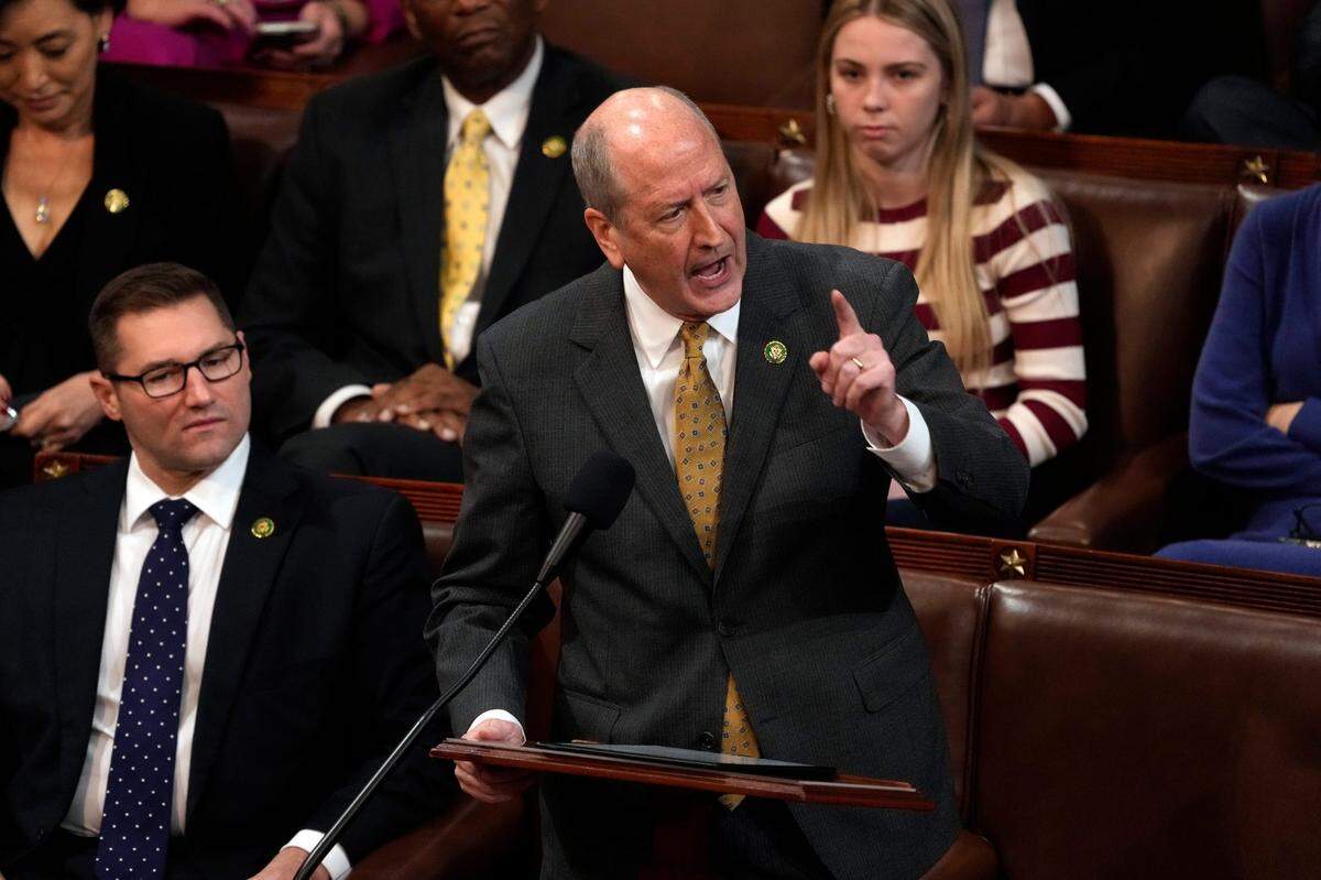 Rep. Dan Bishop nominates Rep. Byron Donalds, R-Fla., for speaker for the seventh round of voting in the U.S. House chamber in January 2023. The House was trying to elect a speaker for a third day.