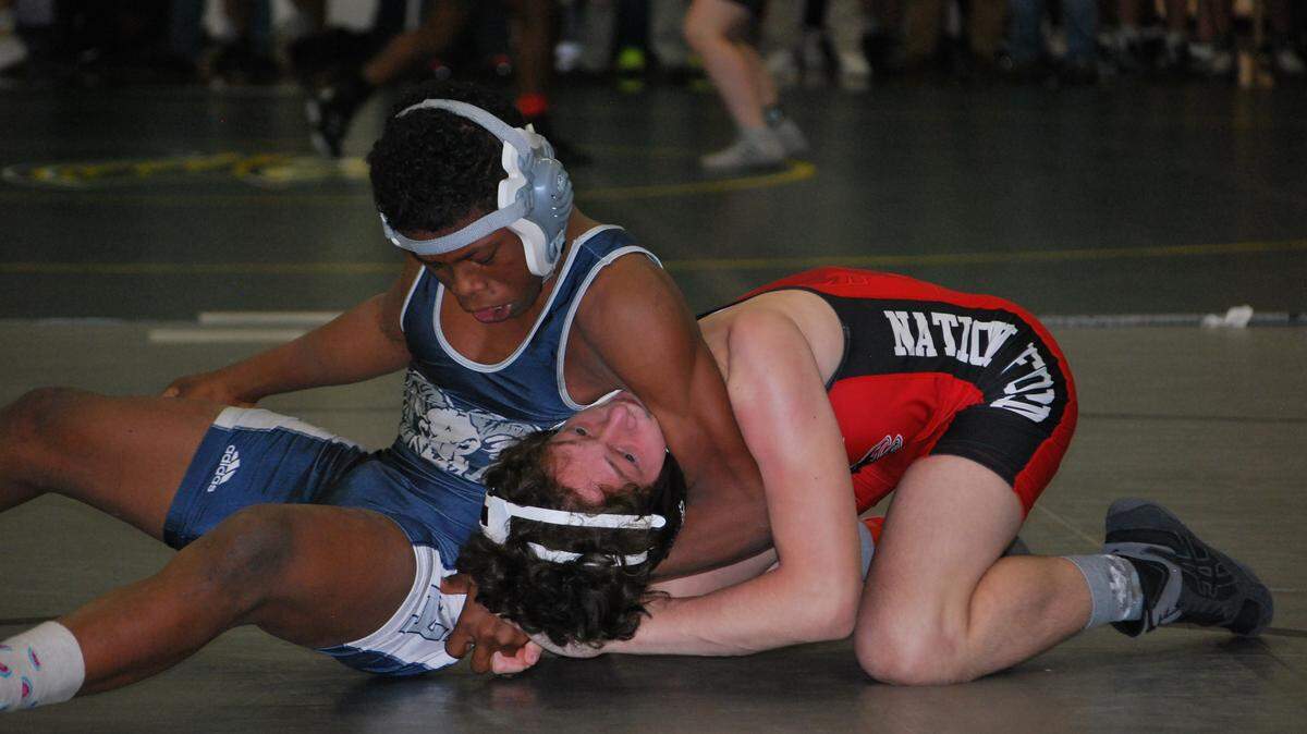 Nation Ford’s Reed Spilmann would get his head twisted around during a consolation match at the Clash at the Creek tournament at Mallard Creek High School. Spilmann would recover from the gruesome hold and go on to win the match.
