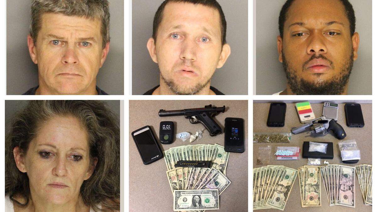 From left: Terry Eugene Adams,, Michael Johnathan Hall Leonard King Jr., Stephene Dawn Stensland; drugs, weapons and money found at Hyde Street and Michaw Street in Lancaster.