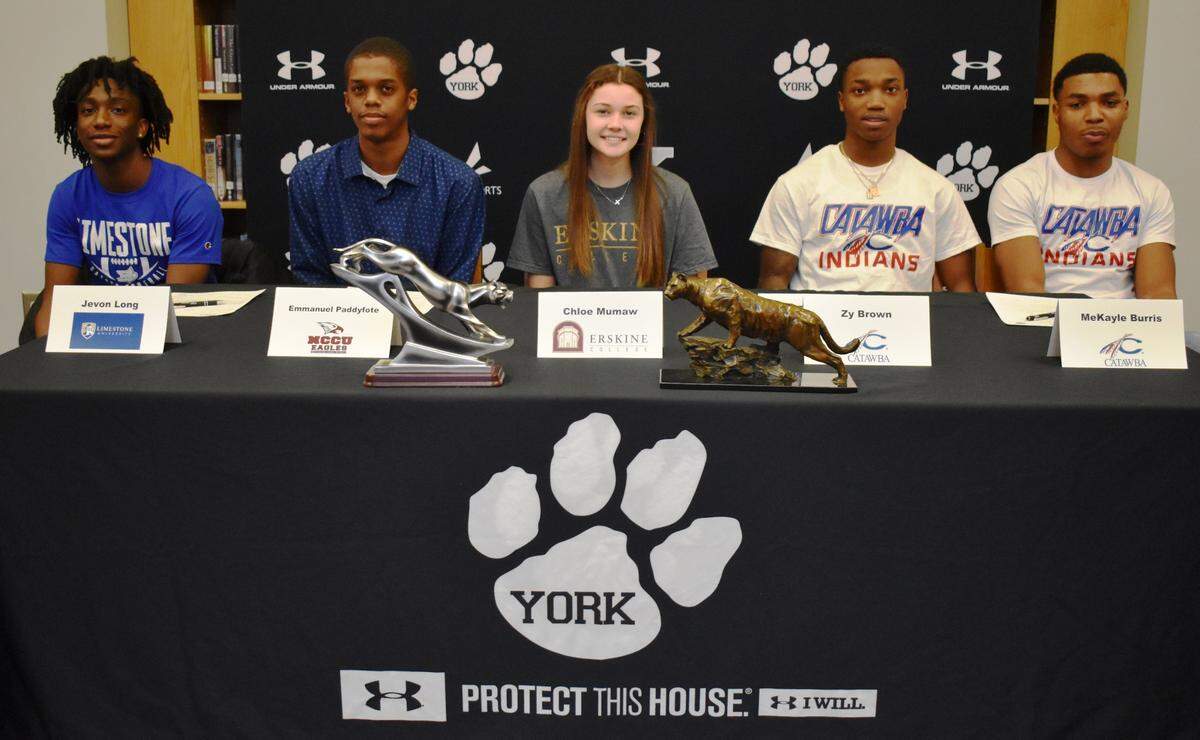 The 2022 York signing class (from left to right): Jevon Long, Emmanueal Paddyfote, Chloe Mumaw, Zy Brown, MeKayle Burris.