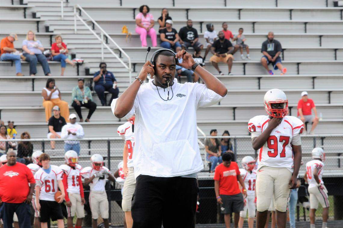 DeVonte Holloman, shown here during a spring practice, took up the mantle as South Pointe head coach in 2019.