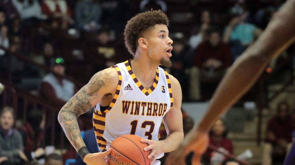 Winthrop University’s Hunter Hale looks for an opening Saturday at the Winthrop Coliseum.