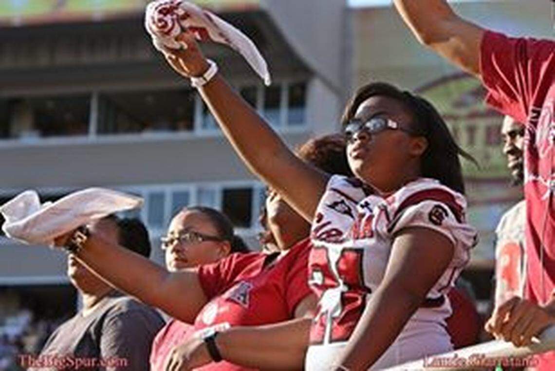 Breelyn Jeanai Holloman cheers on her brother, DeVonte, from the stands in Williams-Brice Stadium. Holloman played at USC from 2008-2012.