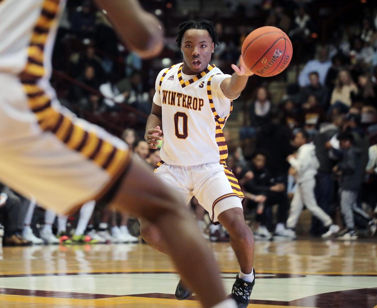 Winthrop’s Russell Jones looks for an opening Saturday at the Winthrop Coliseum.