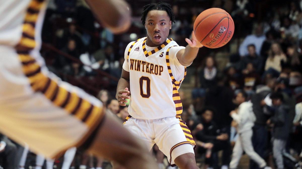 Winthrop’s Russell Jones looks for an opening Saturday at the Winthrop Coliseum.