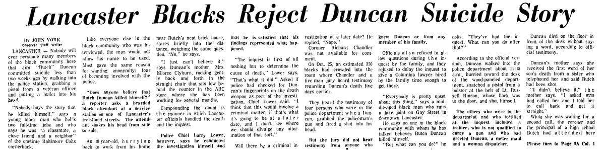 A Charlotte Observer reporter spoke with many black residents of Lancaster after the coroner’s inquest that ruled Jim Duncan’s death a suicide. Almost none of them believed that Duncan killed himself, but they weren’t sure what to do next.