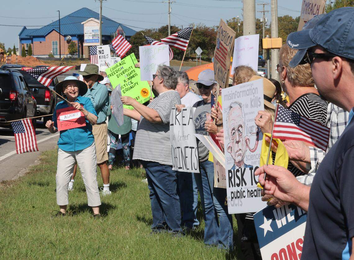 Hundreds of Indian Land and Fort Mill residents gathered across the street from Indian Lane Middle School on Saturday, Oct. 18, as part of the national ‘No Kings’ protests against President Donald Trump.