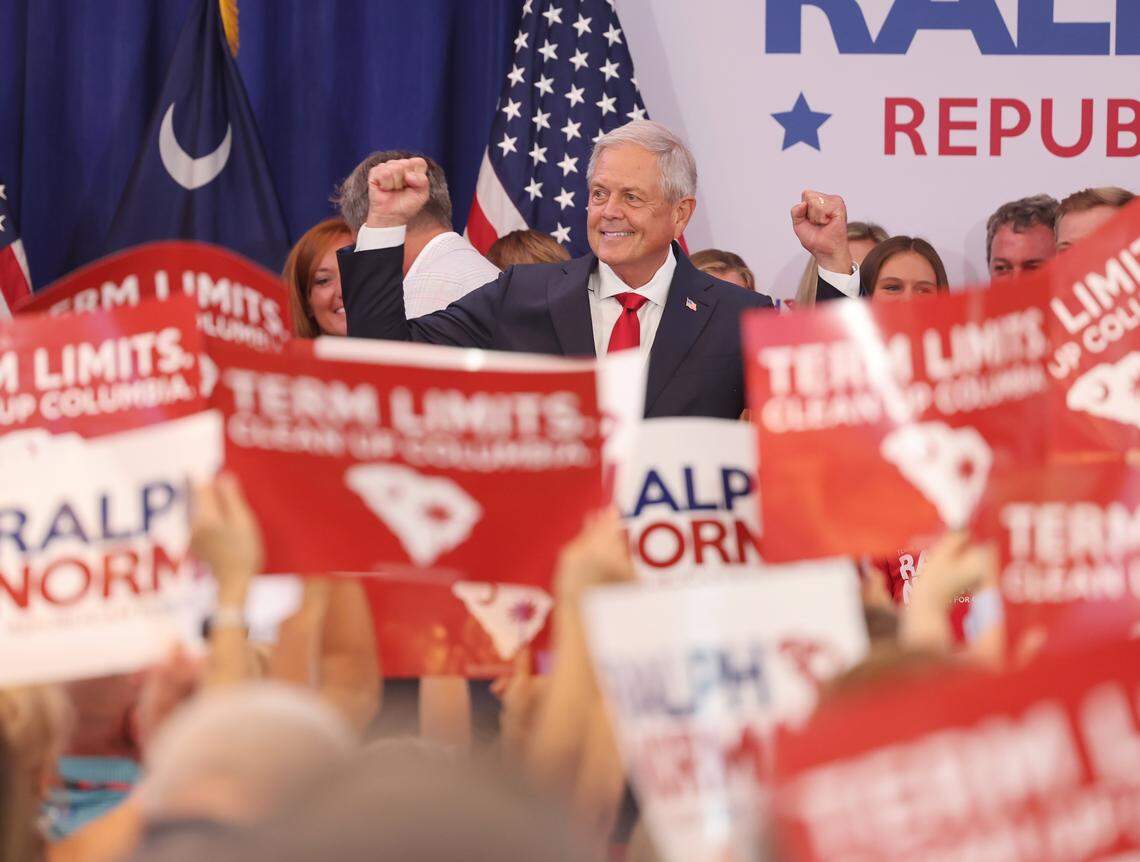 U.S. Congressman Ralph Norman walks onto a stage in front of a cheering crowd before he announces his bid for S.C. governor Sunday, July 27, 2025 in Rock Hill, S.C.