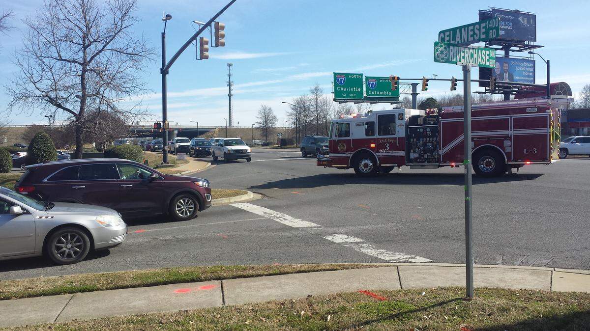 A fire truck turns left onto Riverchase Boulevard in Rock Hill, near where I-77 south dumps onto Celanese Road.