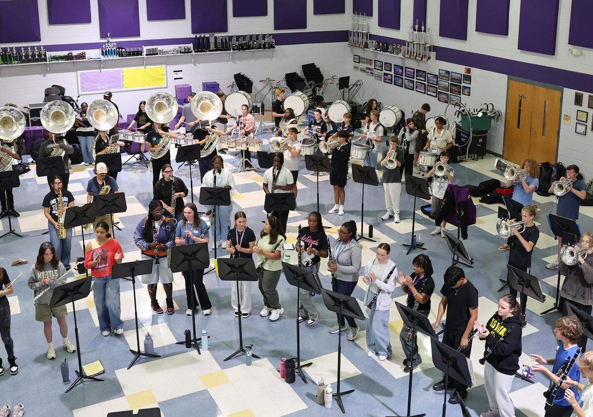 The Northwestern High School band rehearses Friday, Aug. 8, 2025 in Rock Hill, S.C.
