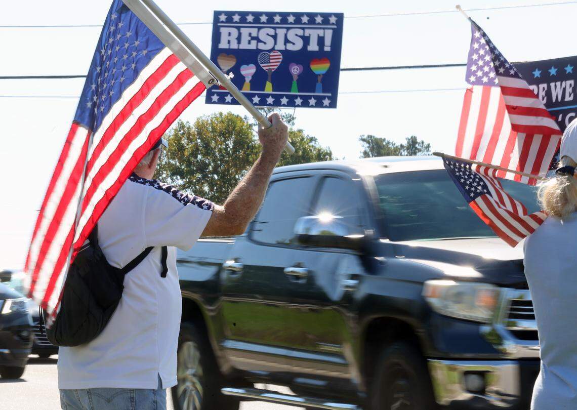 Hundreds of Indian Land and Fort Mill residents gathered across the street from Indian Land Middle School on Saturday, Oct. 18, as part of the national ‘No Kings’ protests against President Donald Trump.