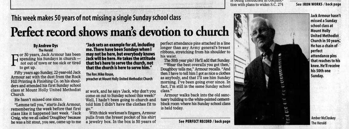 An August 2001 Herald article on Jack Armour details 50 years of perfect attendance at Mount Holly United Methodist Church.