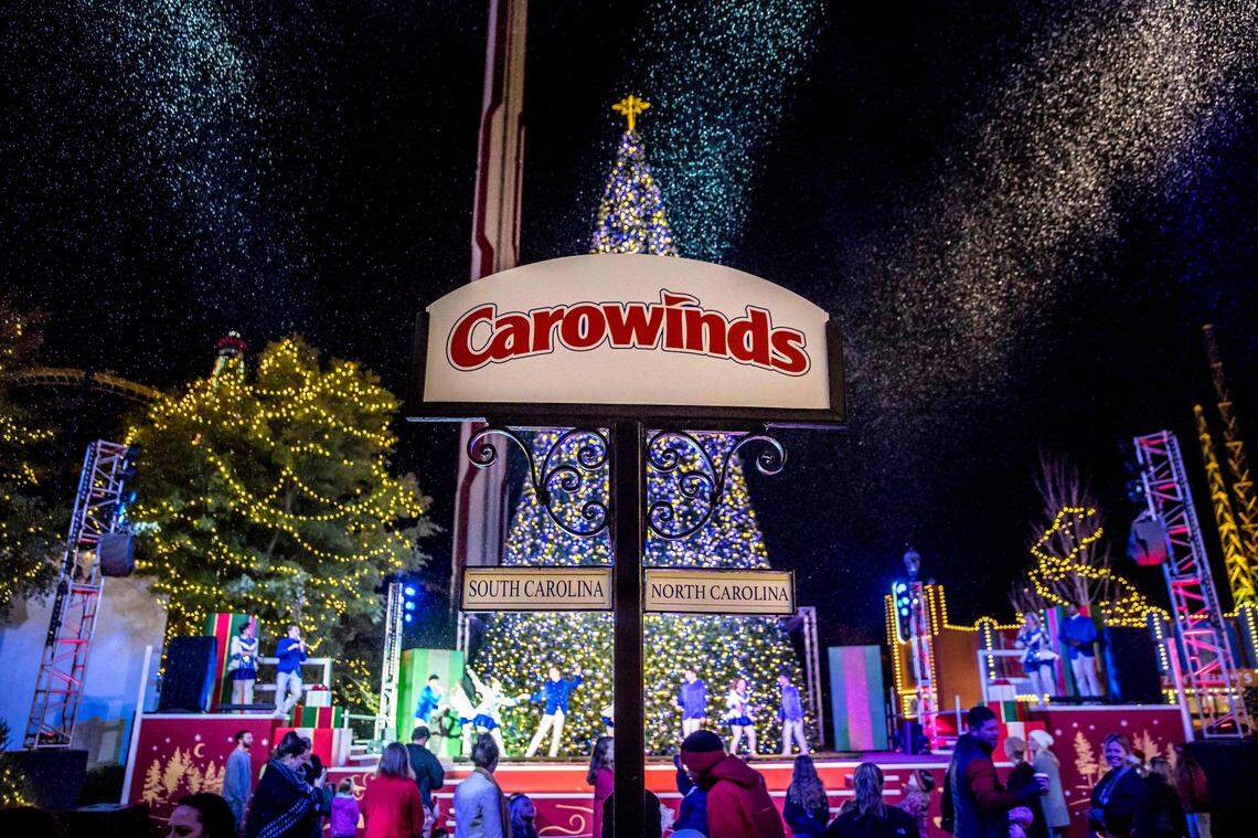 Carowinds remains open during most of the year, as shown here in a Winterfest photo, but it’s main season is the summer. New school calendars impact worker availability, with teenagers making up a quarter of Carowinds workers.