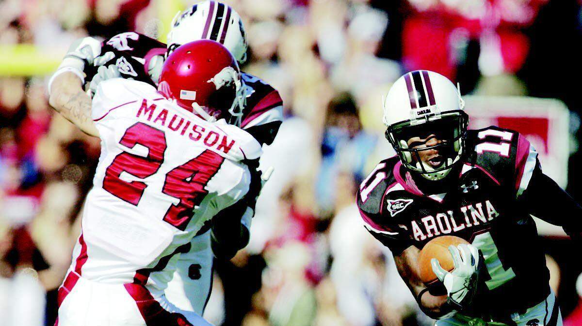 South Carolina wide receiver Kenny McKinley breaks free for a big gain against Arkansas at Williams-Brice Stadium.