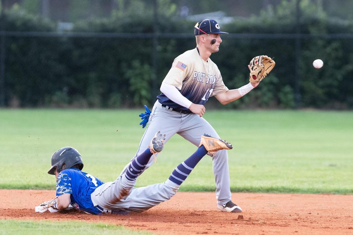 Daniel Gueldner slides safely into second base as Fort Mill Post 43 hosts Gaffney Post 109 . Fort Mill was ranked No. 1 in South Carolina’s American Legion baseball standings before the team was swept by Gaffney in the playoffs.