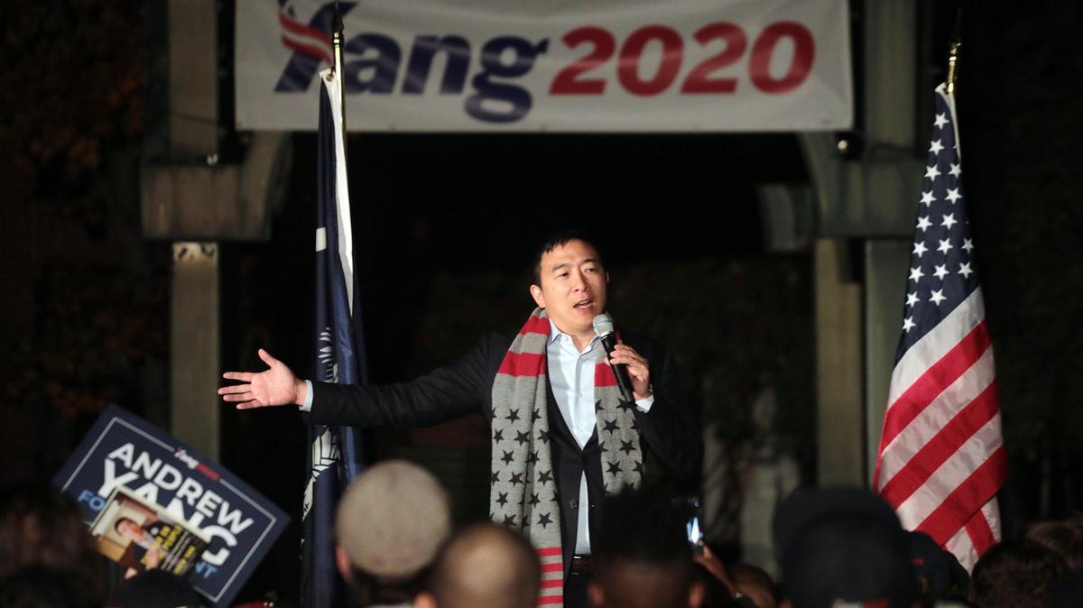 Democratic presidential hopeful Andrew Yang speaks to a crowd of several hundred Friday at the Old Town Amphitheater in downtown Rock Hill.