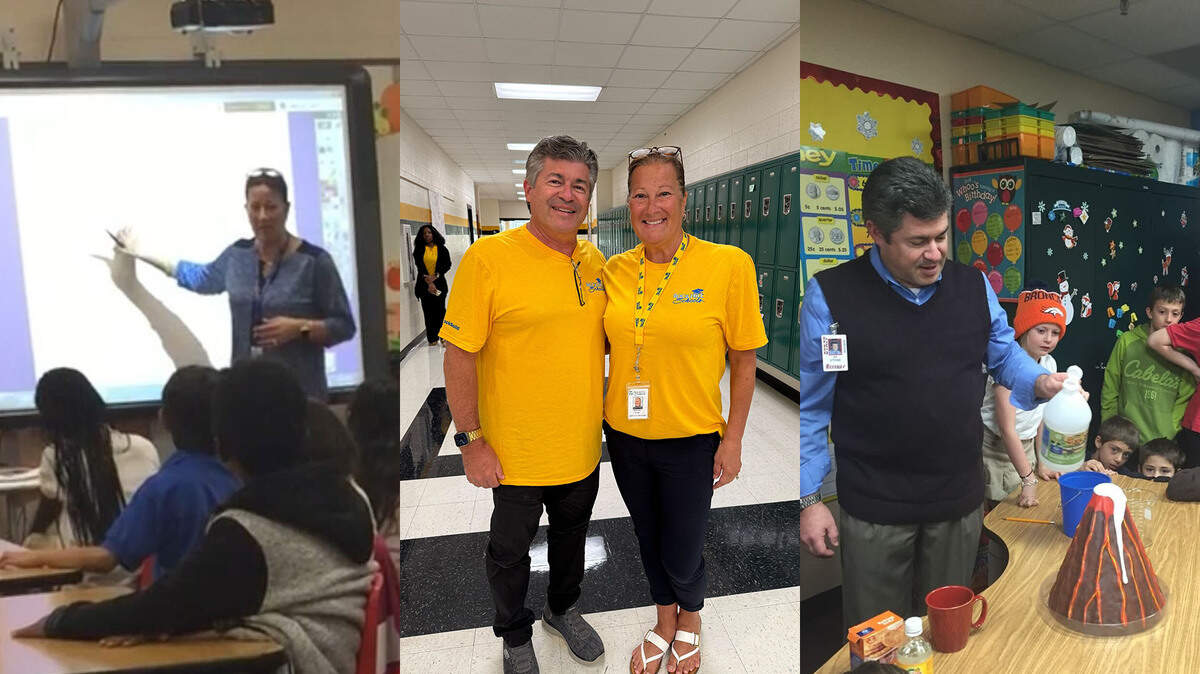 Michelle and Dan Stone have been teaching together at the same schools for over 14 years. The two will be newly starting at Richmond Drive Elementary school in Rock Hill this fall, teaching third and fourth grade. They’re pictured in the center at a new teacher orientation and on the left and right in different classrooms.