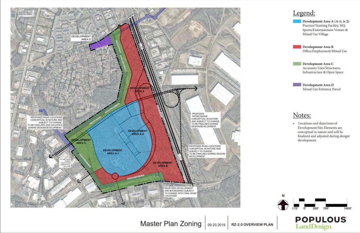 Current plans have the center part of the Carolina Panthers property, which includes the headquarters and practice site, in development first in Rock Hill