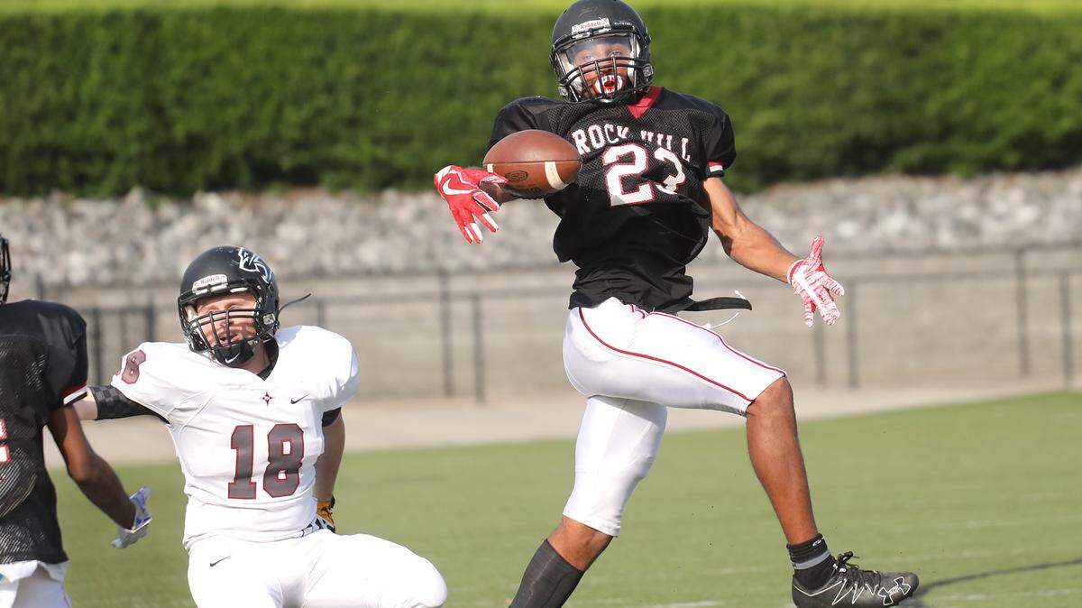 Rock Hill High's Nick Ervin intercepts a pass during the Rock Hill High 2018 spring football scrimmage.