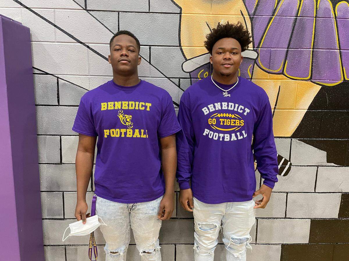 DJ Dunifer (left) and Kyle Aldridge (right) both signed to play football at Benedict College on 2021 National Signing Day.