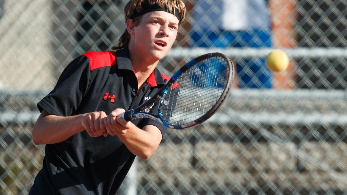 Nation Ford's Thomas Welch battles, but drops his match 6-2, 6-2 as the Nation Ford season comes  to a close in a 4-3 loss to Byrnes in the SCHSL Upper State 5A boys' tennis playoffs Tuesday, May 1, 2018.
