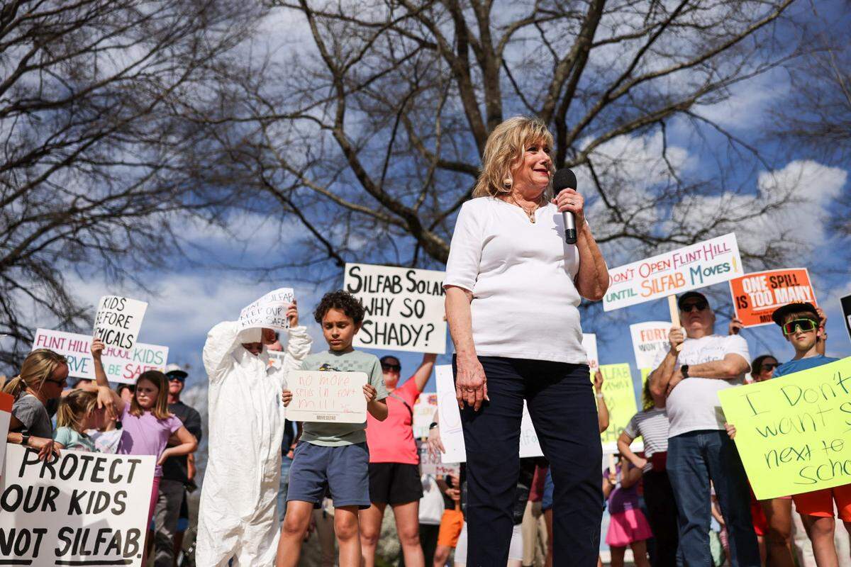York County Councilwoman Debi Cloninger speaks at the Move Silfab protest at Walter Elisha Park.
