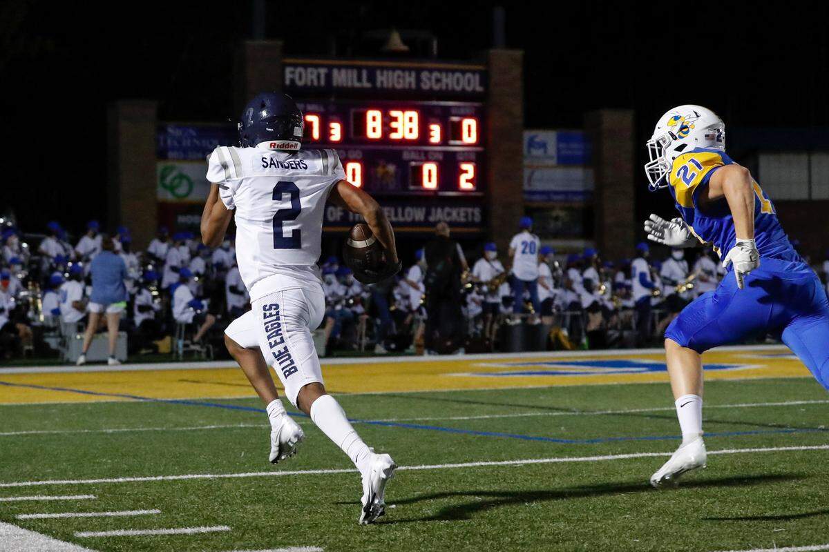 Clover’s #2 Chance Sanders dashes in for the tying touchdown in the first half as Fort Mill hosts Clover in Friday night Varsity football, 10-2-2020.