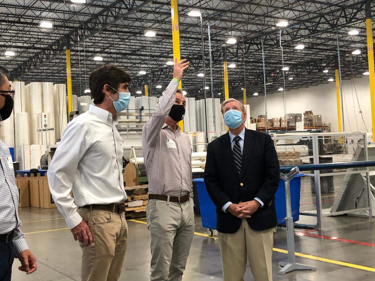 U.S. Sen. Lindsey Graham visited OXCO textile plant in Fort Mill on Monday afternoon.