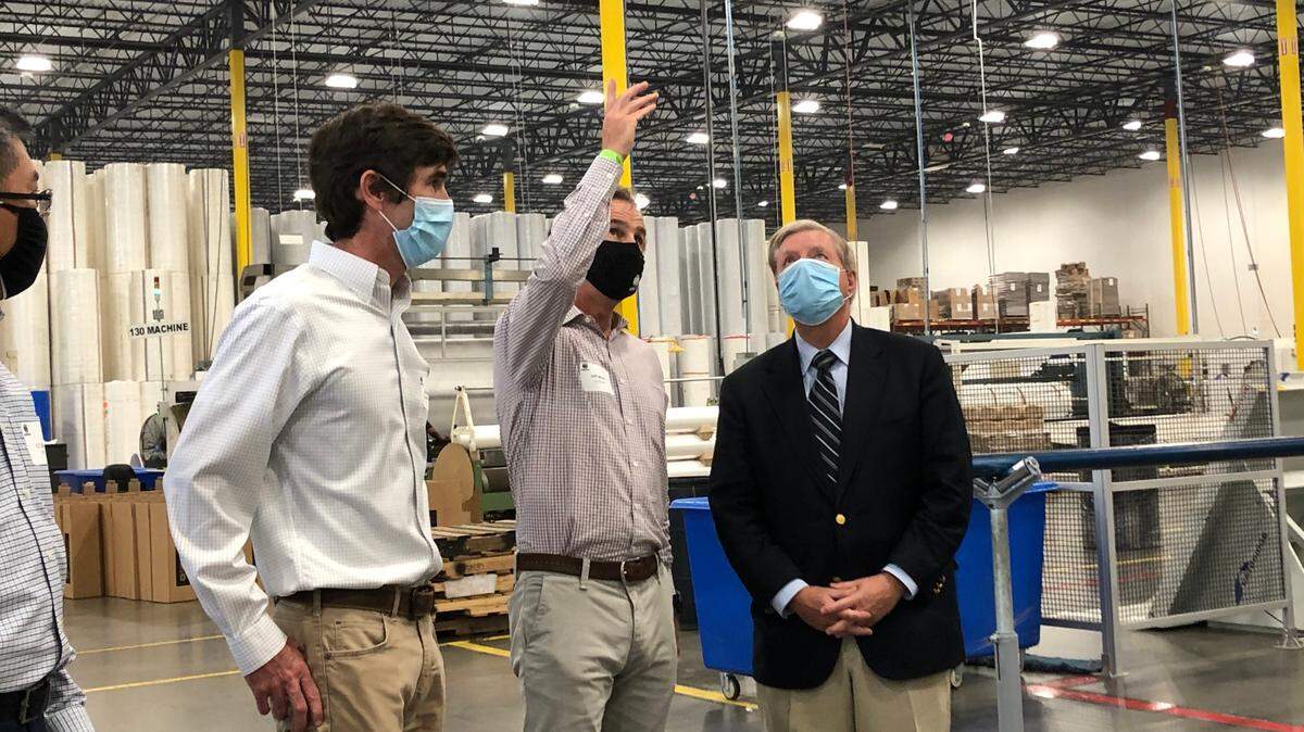 U.S. Sen. Lindsey Graham visited OXCO textile plant in Fort Mill on Monday afternoon.