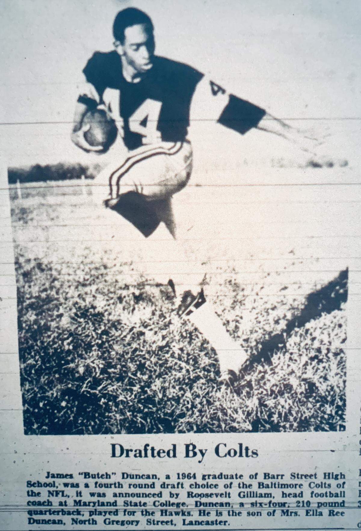 The Lancaster News photo and caption announcing Jim Duncan had been drafted by the Baltimore Colts in 1968. The newspaper carried intermittent stories about Duncan and Bill Belk, another Lancaster native that was in the NFL at the same time.