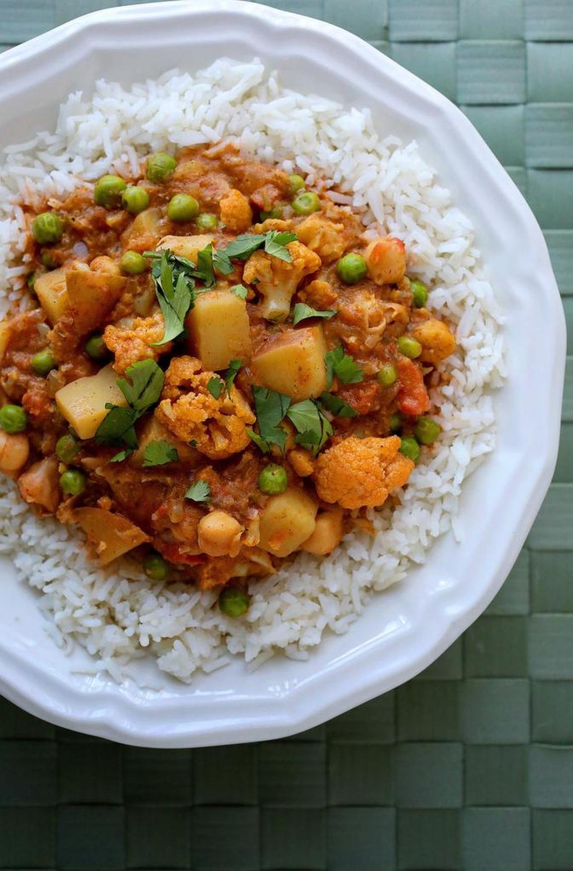 Indian-Style Vegetable Curry with Potatoes and Cauliflower uses garbanzo beans as the protein.