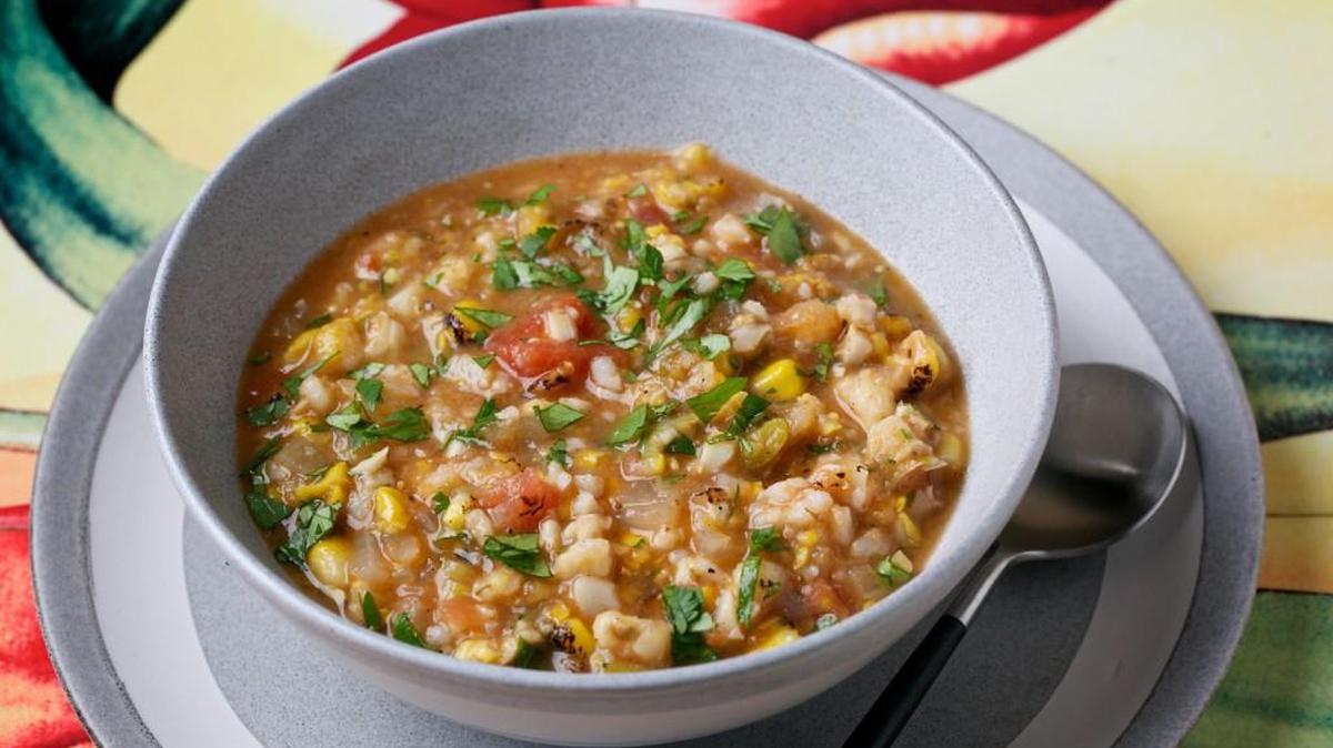 Corn and Hominy Chowder is humble, satisfying and quick meal.