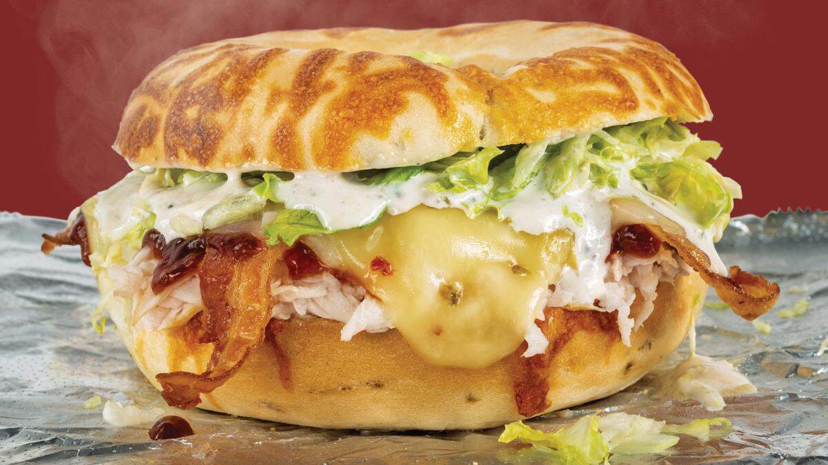 The Griswold has turkey, bacon, provolone, pepper jack, lettuce and more on a steamed bagel.