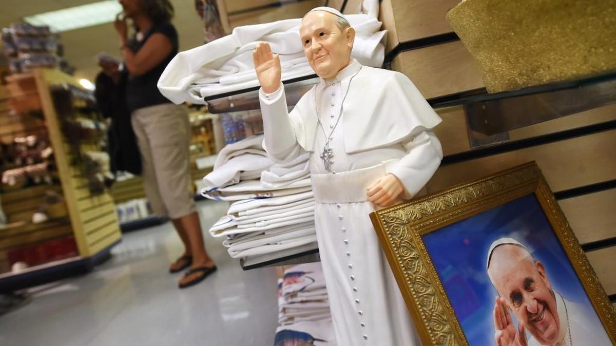 
Pope Francis related items are for sale at the gift shop within the Basilica of the National Shrine of the Immaculate Conception in Washington, D.C. 
