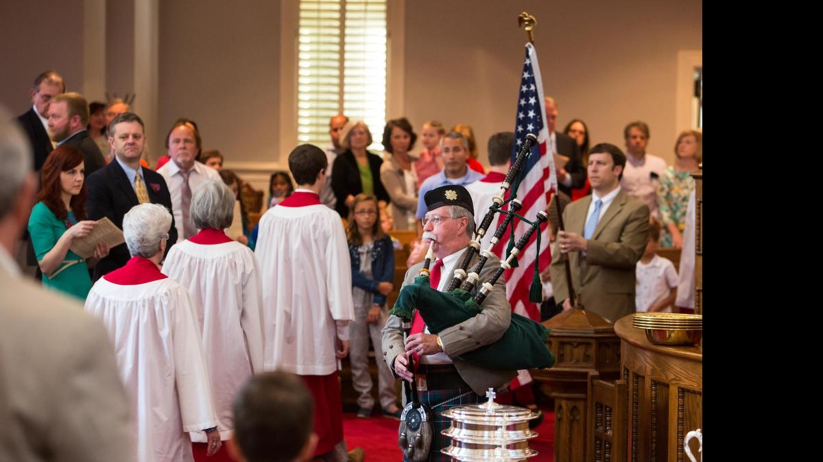 
Bagpiper Joe Hardy leads the procession into the Sunday morning “Kirkin’ o’ the Tartans” service at First Presbyterian Church in Rock Hill.
